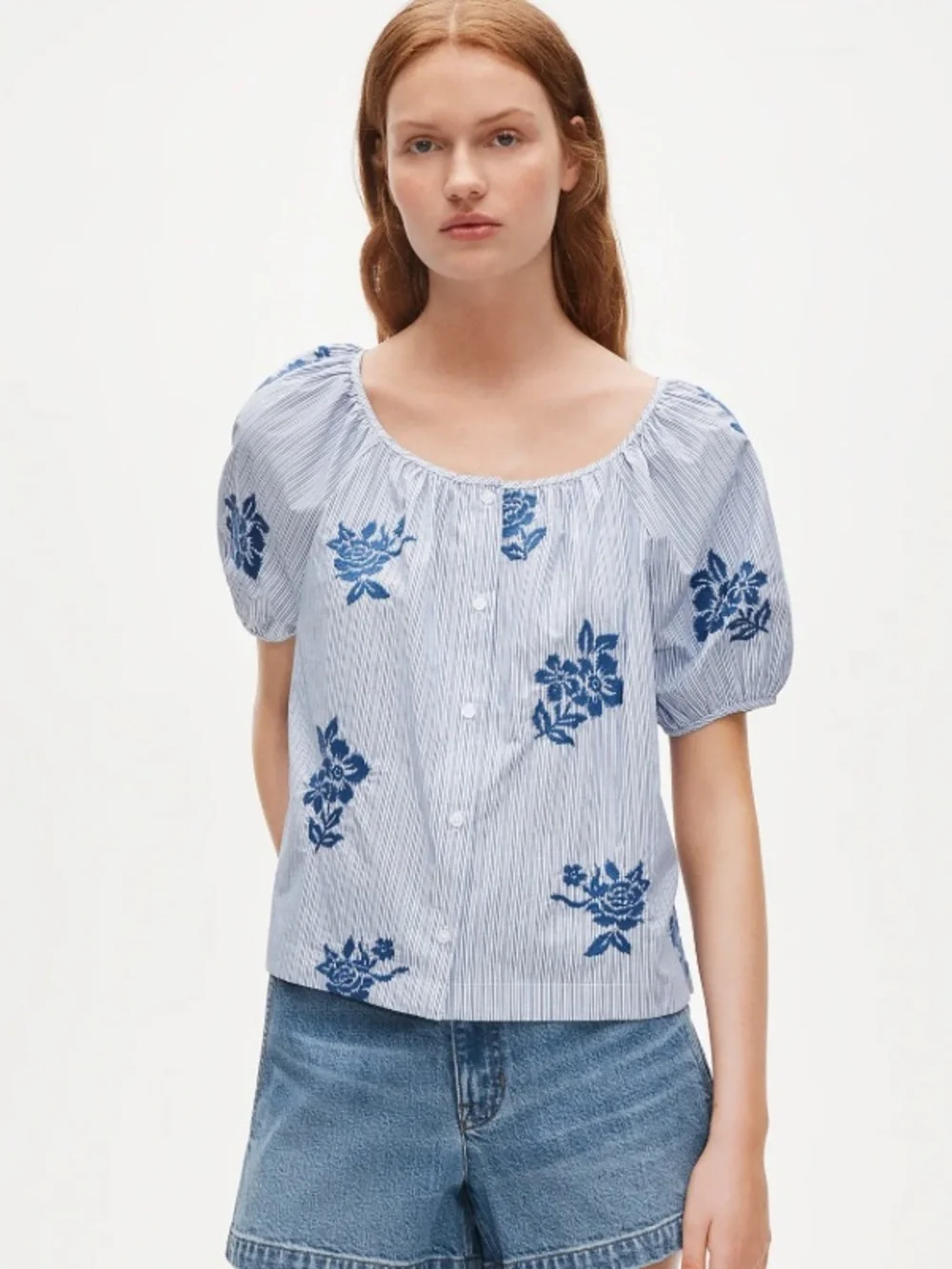 J crew Puff-sleeve button-up top in embroidered floral stripe